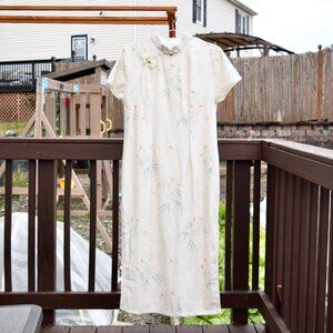 Beige Flower Leaf Printed Qipao Long Dress - Chinese Traditional Cheongsam